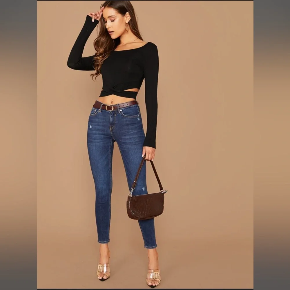 SHEIN Black Crisscross Cut Out Long Sleeve Crop Top Sz XS & S LIKE NEW